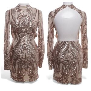 NWT Tiger Mist Rose Gold Copper Sequin Mesh Long Sleeve Open Back Dress Sz Large